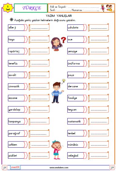 3. Sınıf Türkçe Yanlış Yazılan Kelimeler Etkinliği 2